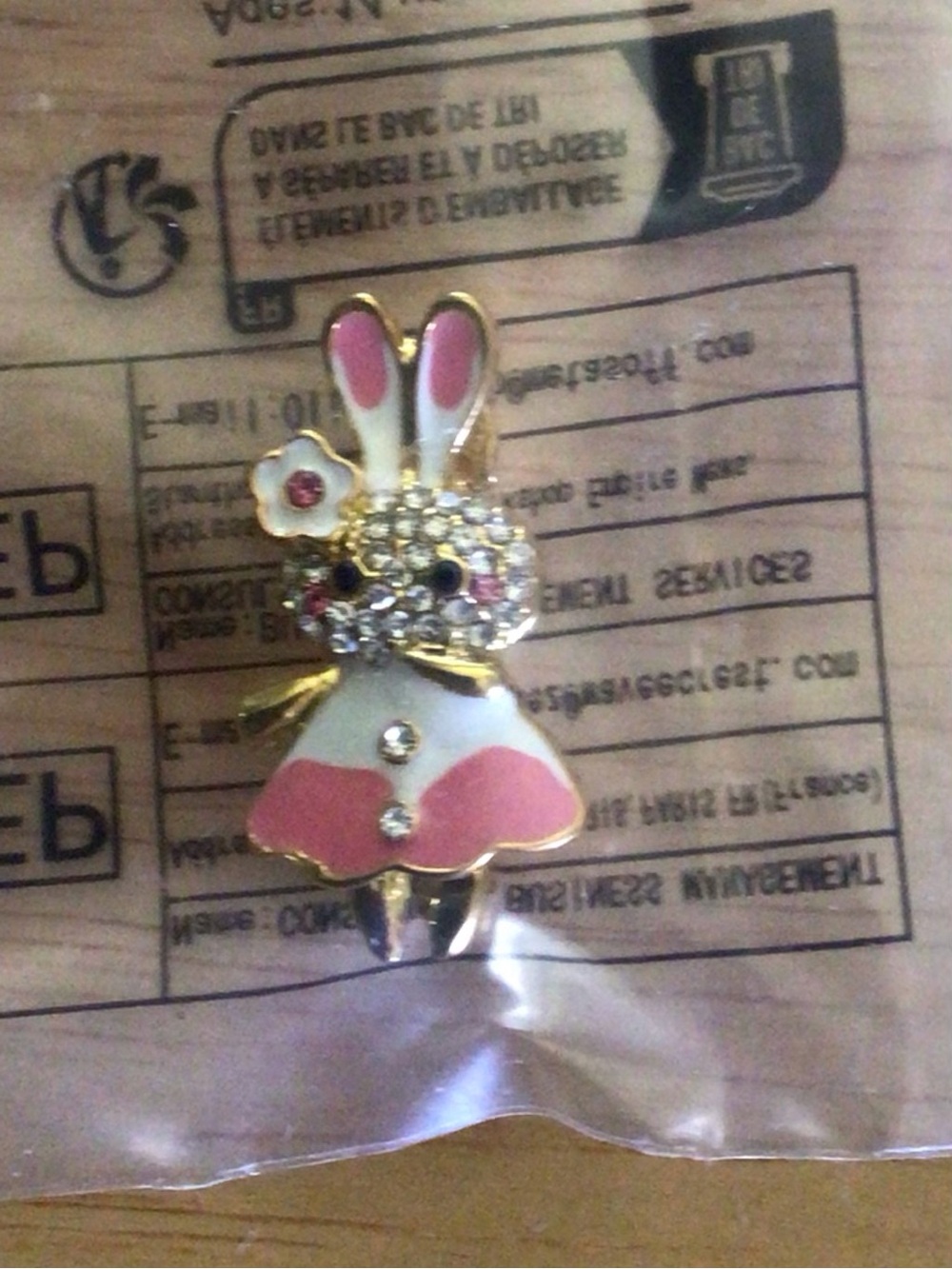 Source Unknown Gold-Tone Pink and White Bunny Brooch with Clear Crystals